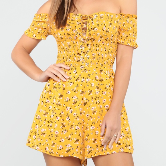 Fashion Nova Pants - Fashion Nova Off Shoulder Mustard Floral Romper